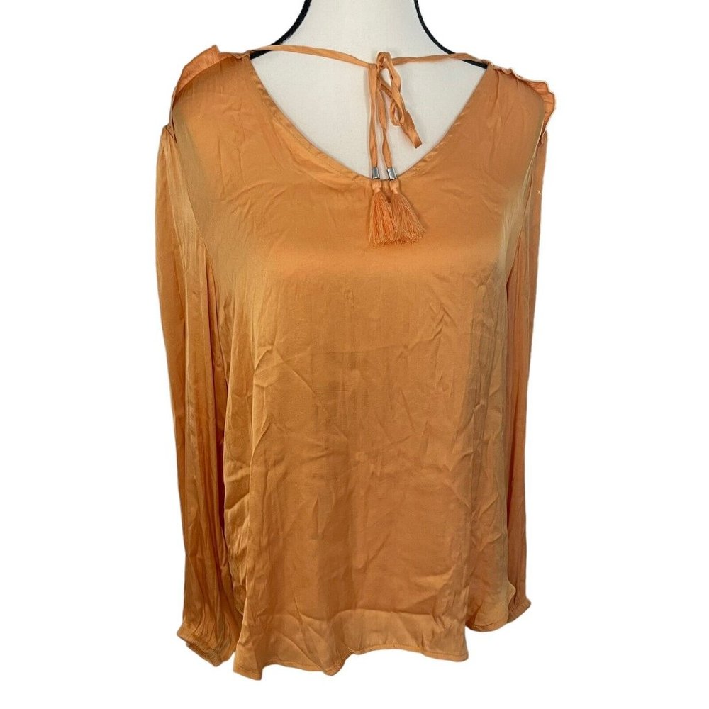 T Tahari Orange Smocked V-Neck BLOUSE Cuffed Sleeve XL